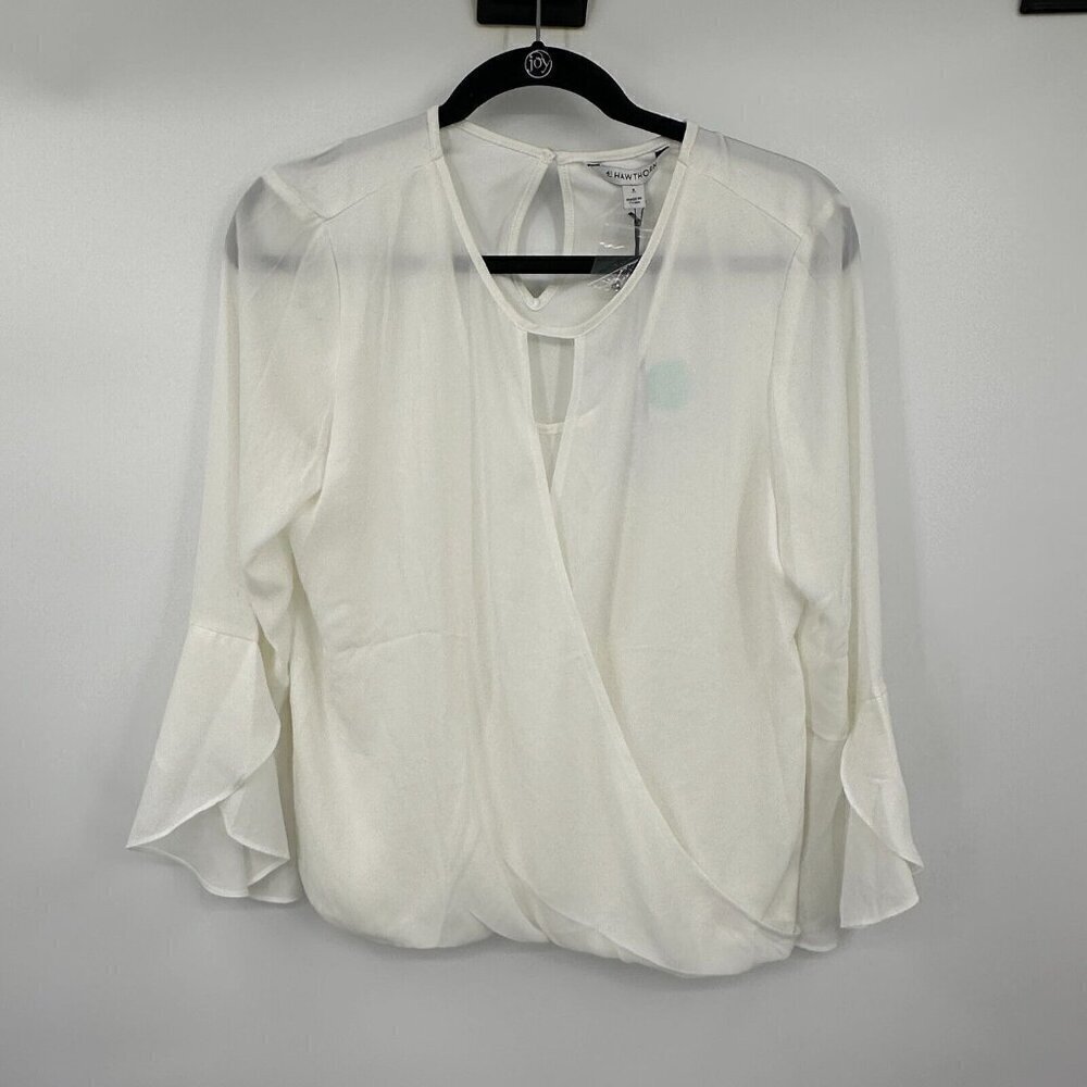 41 Hawthorn Womens Blouse Small White Surplice Neckline Bell Sleeve Top Preppy - Picture 14 of 14